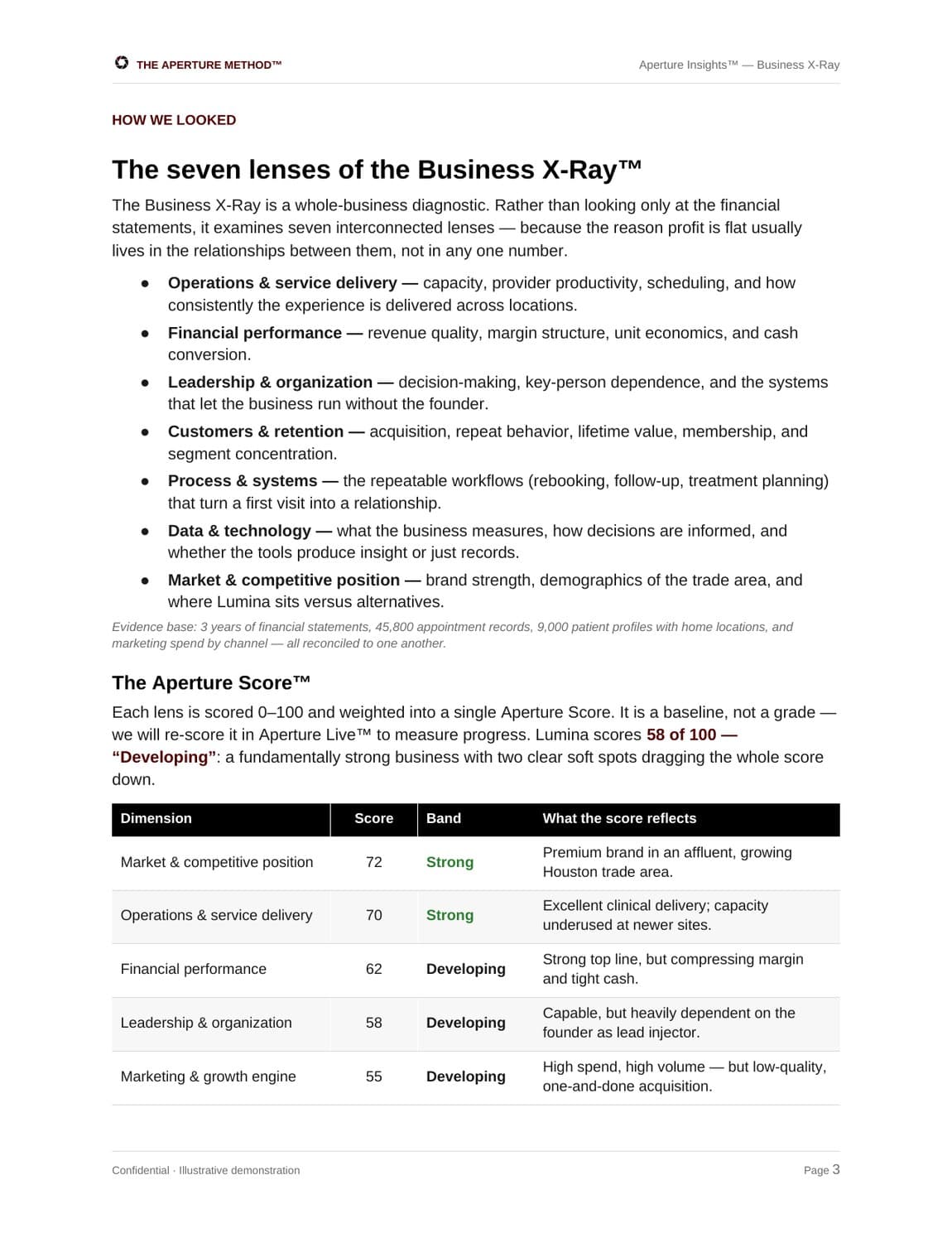 Aperture Insights deliverable — the Business X-Ray and Aperture Score report page for Lumina Medical Aesthetics